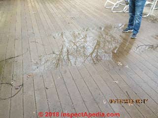 Deck boards with no spacing do not drain, pond, and are likely to be slippery as well as to have a reduced life - photo (C) InspectApedia.com David Grudzinski Advantage  Home Inspections