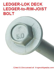 Example of installing LedgerLOK lag screws to secure deck ledger to building rim joist - cited & discussed at InspectApedia.com