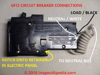 AFCI wiring details showing the black  and white circuit and white breaker wire connectcions (C) Daniel Friedman at InspectApedia.com