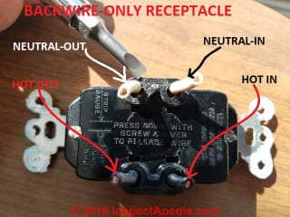 Back-wire-only electrical receptacle from a 1962 home in Two Harbors MN (C) Daniel Friedman at InspectApedia.com