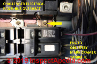 Overheated bus in Challenger electrical panel (C) InspectApedia.com Mark Cramer Tampa FL home inspector