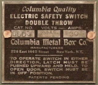 Columbia Metal Box Company switch plate data tag (C) InspectApedia.com