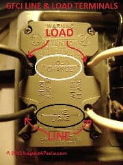 GFCI receptacle wiring hook up connections make line and load sices clear (C) Daniel Friedman at InspectApedia.com