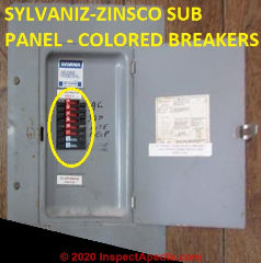 Sylvania Zinsco panel identify by breaker colors - replace this panel (C) InspectApedia.com SchwartzJ