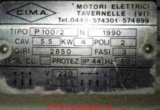 Italian Tavernelle Brand Electric Motor Motori elettrici data tag (C) InspectApedia.com  Mogamat