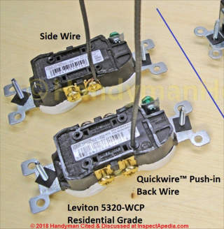 Leviton back-wired or side-screw-terminal-wired electrical receptacle (C) InspectApedia.com photo provided by Curt Russell
