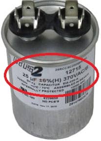 AO Smith or other motor replacement capacitor 25MFD 370V - 628318-307 - at InspectApedia.com