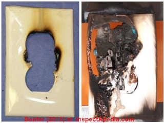 Nylon receptacle faceplate damage in fire testing, Benfer 2013 cited in detail at InspectApedia.com