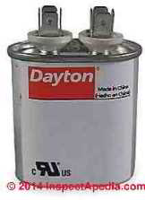 Motor run capacitor by Dayton - oval, 2 terminal (C) InspectApedia