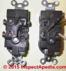 Push-in backwired electrical receptacle failure (C) InspectAPedia.com Jess Aronstein Sprole 2015