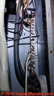 Westinghouse panel Challenger circuit breakers corrosion & heat damage field failure report (C) InspectApedia.com MR