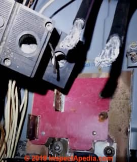 Westinghouse panel Challenger circuit breakers corrosion & heat damage field failure report (C) InspectApedia.com MR