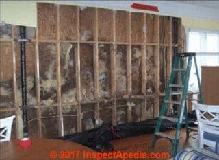 Water damage in wall cavity where hard coat stucco exterior leaked (C) InspectApedia 2017 Ron McClure