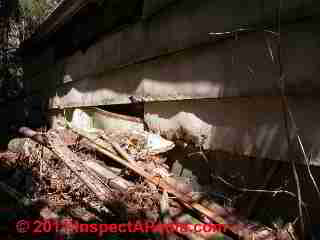 Deteriorated hardboard siding © D Friedman at InspectApedia.com 