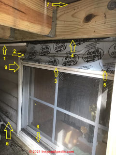 Possible causes of leaks at a window below a deck (C) InspectApedia.com Sheila