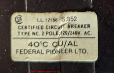 Canadian FP Federal Pioneer circuit breaker identifying label (C) InspectApedia.com JG DF JA