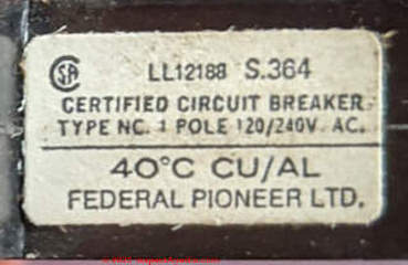 Canadian FP Federal Pioneer circuit breaker identifying label (C) InspectApedia.com JG DF JA