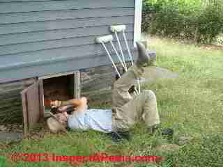 The website publisher on crutches making an effort to inspect a cramped crawl space (C) Daniel Friedman courtesy Arlene Puentes, Kingston NY