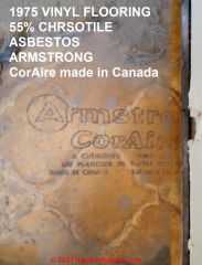 Armstrong CorAire sheet vinyl flooring from a 1975 Canadian home. Reader Ejk who provided this photo reports that a test confirmed "55% chrysotile asbestos" in a sample of this Canadian flooring.  (C) InspectApedia.com Ejk