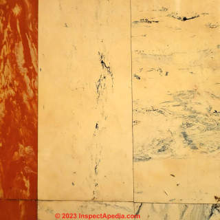 red and yellow asbestos suspect floor tile (C) InspectApedia.com Rachel