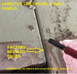 Beveled-edge factory-finished LDB asbestos ceiling & wall panels, Queensland Australia, citef & discussed at InspectApedia.com