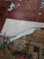 Asbestos likely in sheet flooring from a 1916 home with 3-4 layers (C) Inspectapedia.com Erica