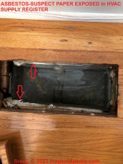Asbestos paper exposed in HVAC floor register openings (C) Inspectapedia.com Sree G