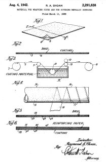 Asbestos paper duct wrap 1942 patent by Shoan cited & discusse at InspectApedia.com US Patent No. 2,291,838 Aug 4, 1942