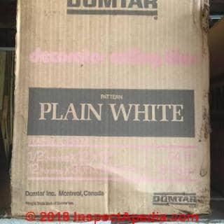Domtar Inc. plain white ceiling tiles from the 1960's, packaging, box labeling (C) InspectApedia.com