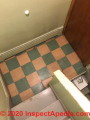 Green & White Canadian 9x9 asphalt asbestos or vinyl asbestos floor tiles in Toronto (C) Inspectapedia.com Laurence
