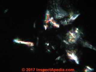 Johnson's Baby Powder Talc at 1200x in polarized light (C) Daniel Friedman InspectApedia.com