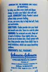Johnson & Johnson's baby powder with talc 1996, Label Text (C) Daniel Friedman at Inspectapedia.com