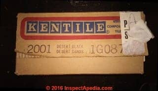 Kentile Desert Black / Desert Sands packaging:  this 1982 Kentile floor was confirmed to contain asbestos  (C) InspectApedia.com MB