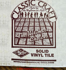 Nafco 1978 vinyl floor tile Packaging Information (C) InspectApedia.com DiMauro