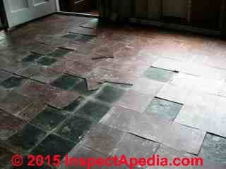 Red & black Armstrong vinyl asbestos floor tiles 1950's (C) InspectApedia.com