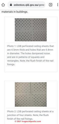Perforated acoustic ceiling tiles are not hardboard but do or may contain asbestos (C) InspectAPedia.com Kaymbuck