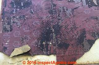 Red backed asphalt core vinyl  sheet flooring (C) InspectApedia.com