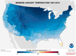 30-Year average minimum temperature reached in January across the U.S. - at InspectApedia.com source: climate.gov