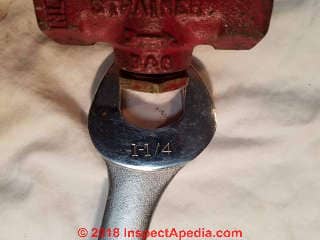 Use a 1 1/4" wrench to remove the pressure reducer strainer retaining nut (C) Daniel Friedman at Inspectapedia.com