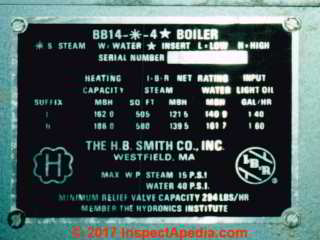 Older HB Smith boiler data tag showing model and serial number (C) Daniel Friedman at InspectApedia.com