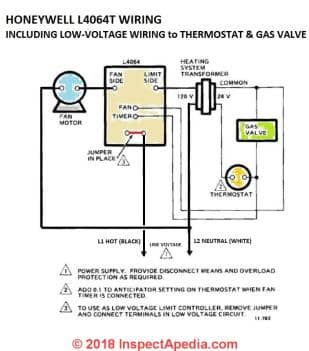 Honeywell L4064B, L4064T Fan Limit Control wiring including low voltage wires ford a gas valve, circa 1970, cited in this article (C) InspectApedia.com