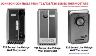 Johnson Controls T22 T25 T26 line voltage thermostats cited at InspectApedia.com