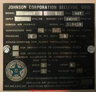 Johnson Air Ease furnace data tag (C) InspectApedia.com