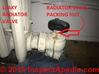 Leaky hot water heating radiator valve (C) INspectApedia.com Anon