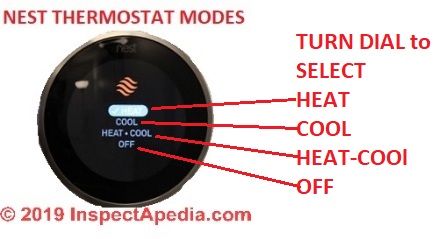 Nest thermosatat control showing choices of heat or cool mode (C) InspectApedia.com