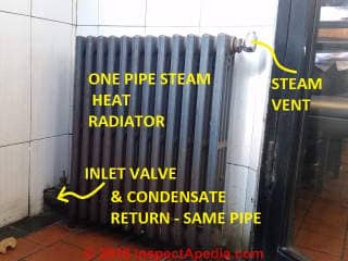One pipe steam heat radiator with steam vent (C) Daniel Friedman at InspectApedia.com