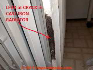 Heating radiator leak repair effort using JB WELD WATERWELD (C) InspectApedia.com JO