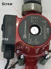 Rohtenbach circulator pump leaking at screw - Grundfos & similar models (C) InspectApedia.com Rene