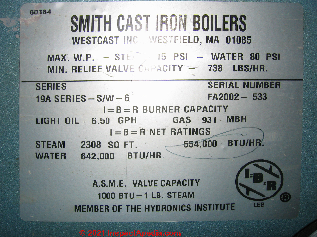 Smith cast iron boiler data tag information (C) Daniel Friedman