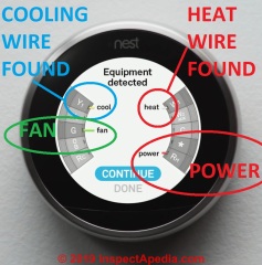 Nest thermostat set-up showing both heating and cooling wires detected (C) InspectApedia.com